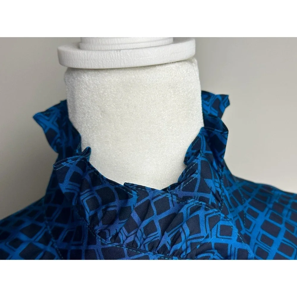 Tory‎ Burch Blue Black Geometric Ruffle Collar Sleeveless 100% Silk Blouse-Sz 8